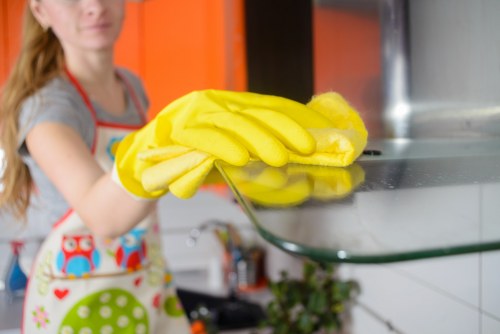 Professional cleaner polishing fixtures in a renovated space